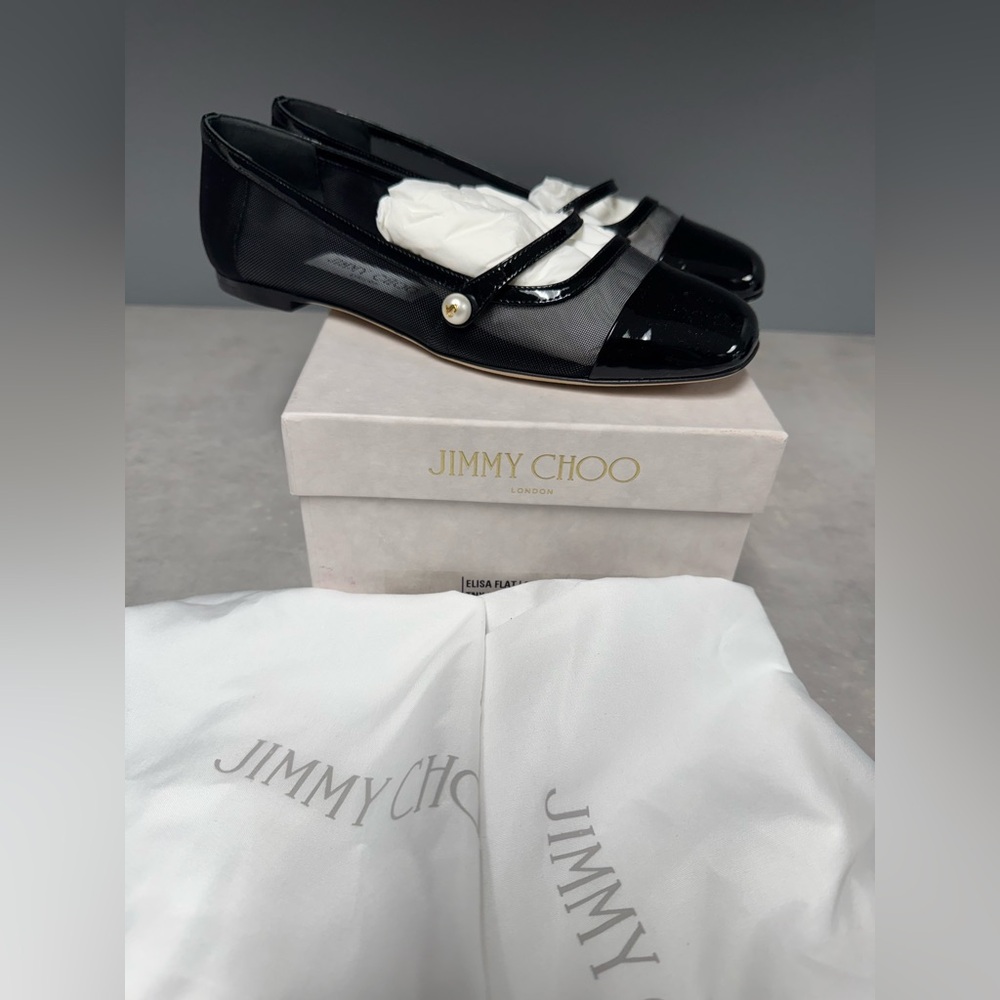 NIB- Jimmy Choo Black Patent Leather Elisa Flats with Pearl Accent - Picture 8 of 8